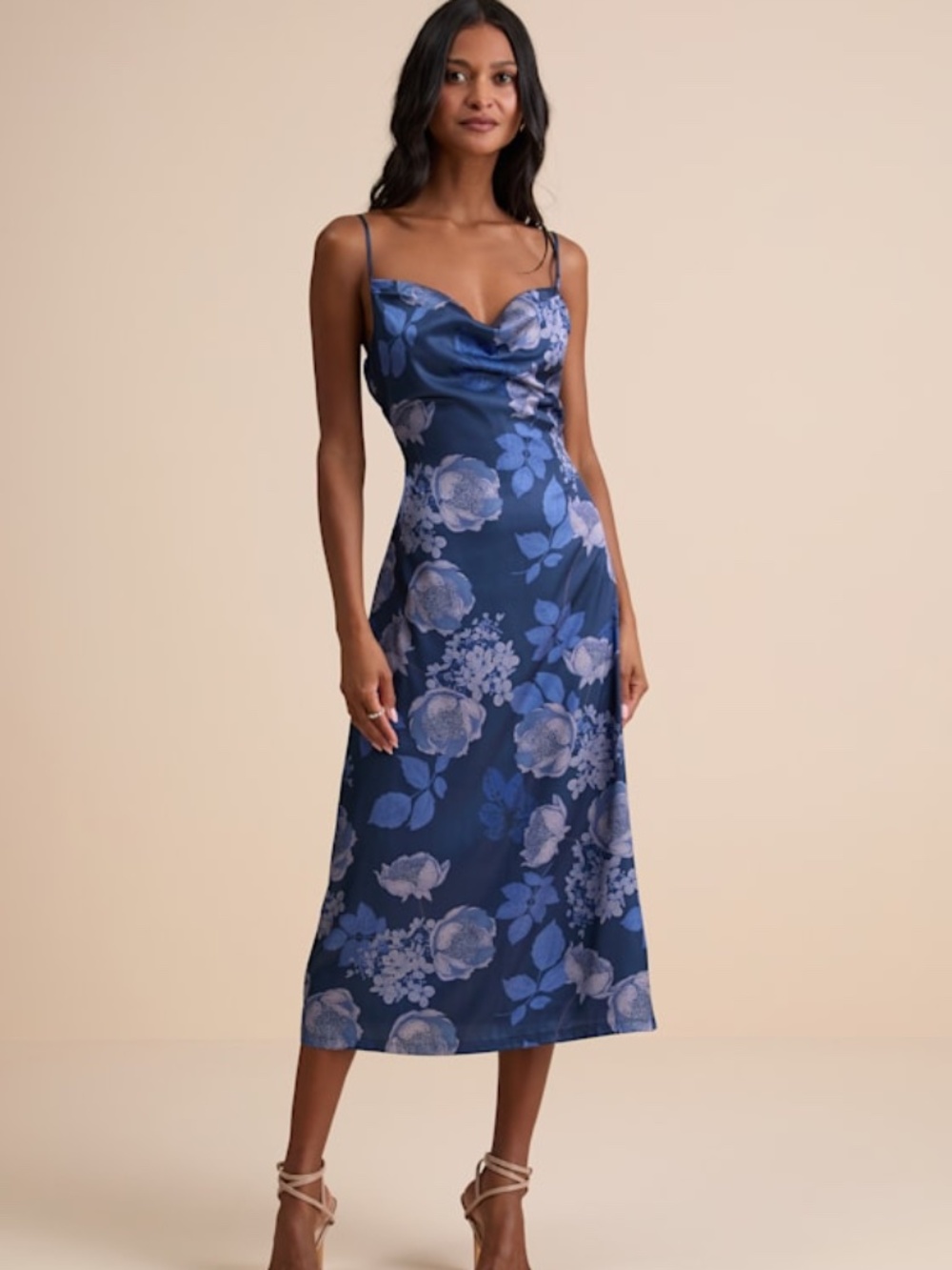Lulus Favorite Icon Dark Blue Floral Satin Cowl Neck Slip Midi Dress - Size XL